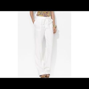 White Linen Drawstring Ralph Lauren Pocket Pants